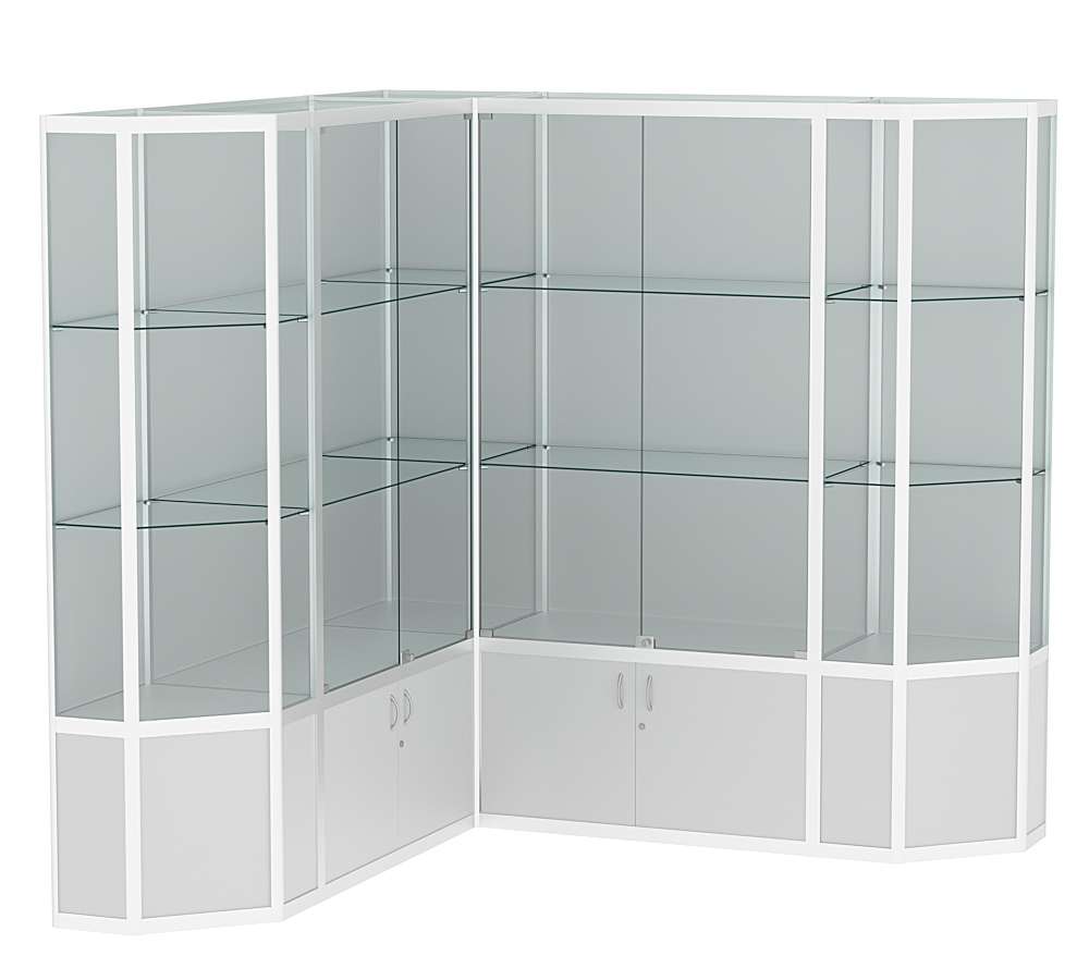 Витрина из профиля в угол зала со скошенными углами №2 (задняя стенка - ДВП) Серый