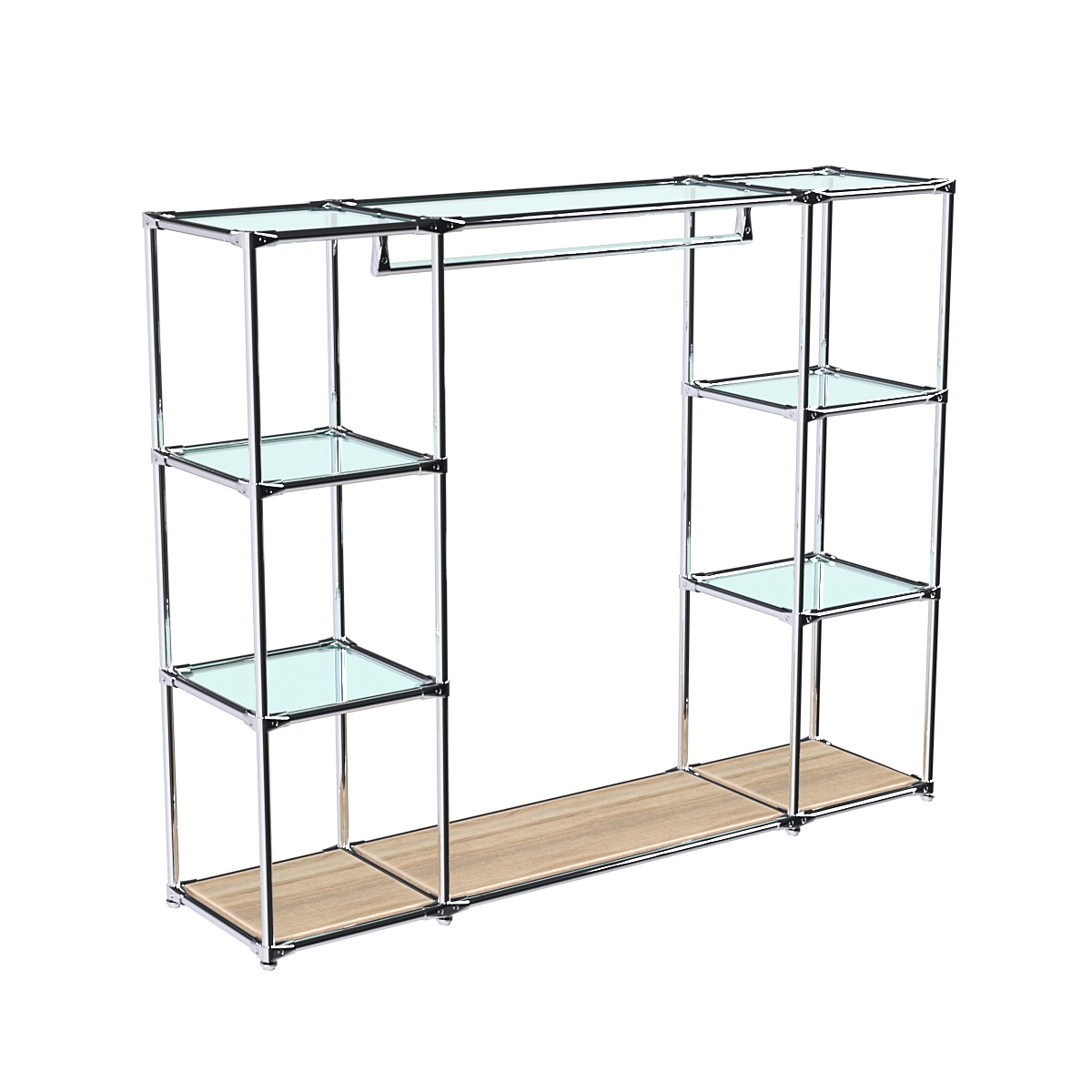 Хромированный стенд-вешало TD-44 №1-1 Хром (с прозрачными полками стекло 6мм) Дуб Сонома