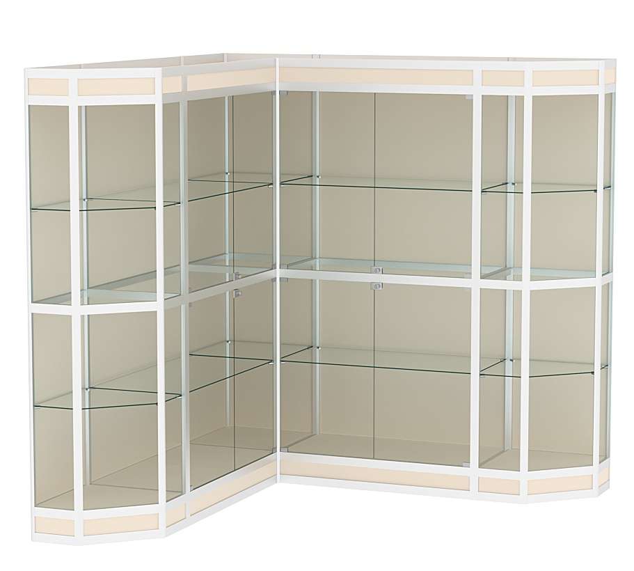 Витрина из профиля в угол зала со скошенными углами №3 (задняя стенка - ДВП) Крем Вайс