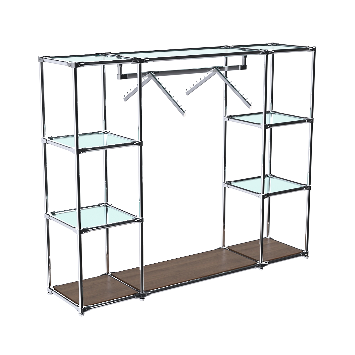 Хромированный стенд-вешало TD-47 №1-1 Хром (с прозрачными полками стекло 6мм) Орех