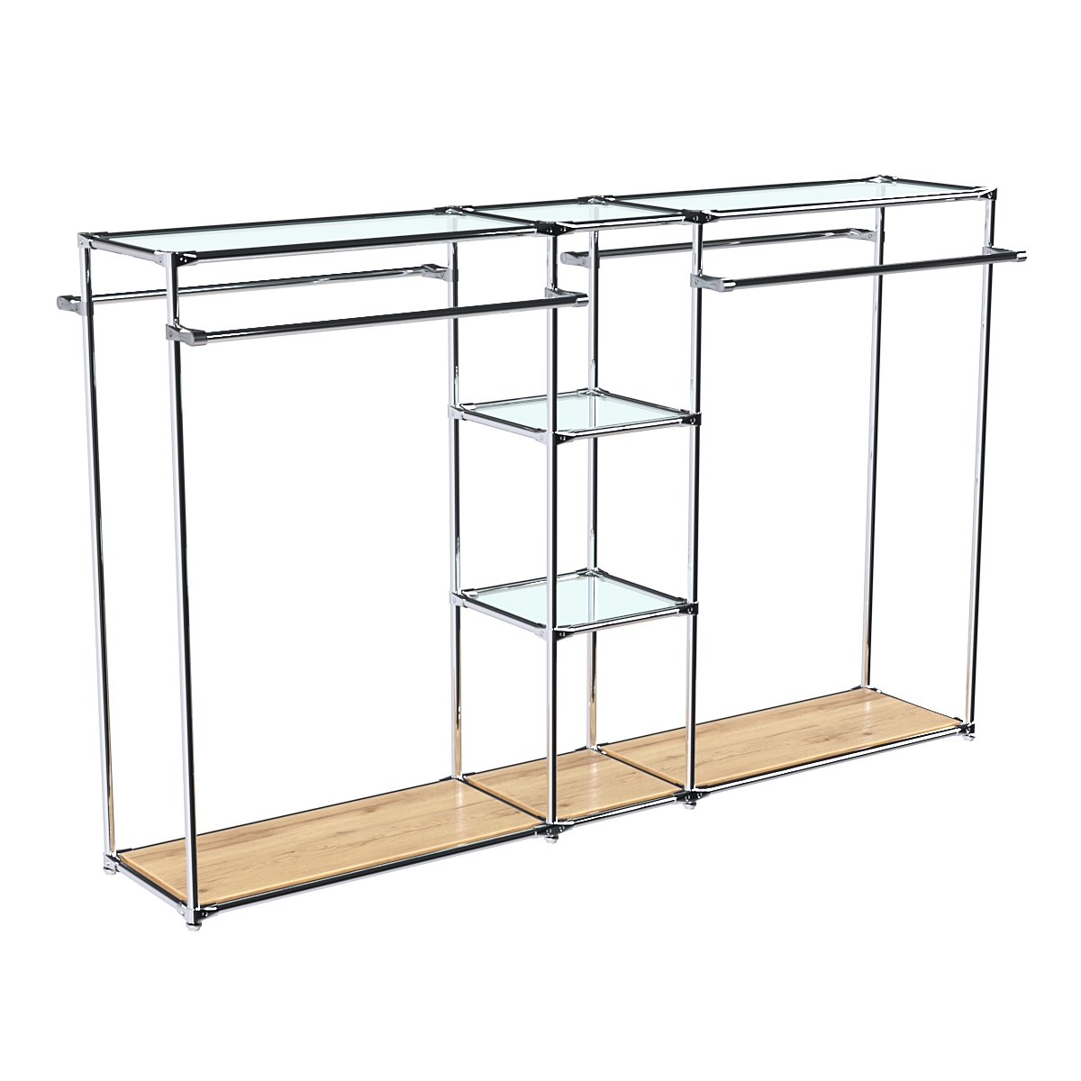 Хромированный стенд-вешало TD-49 №1-1 Хром (с прозрачными полками стекло 6мм) Дуб Золотистый