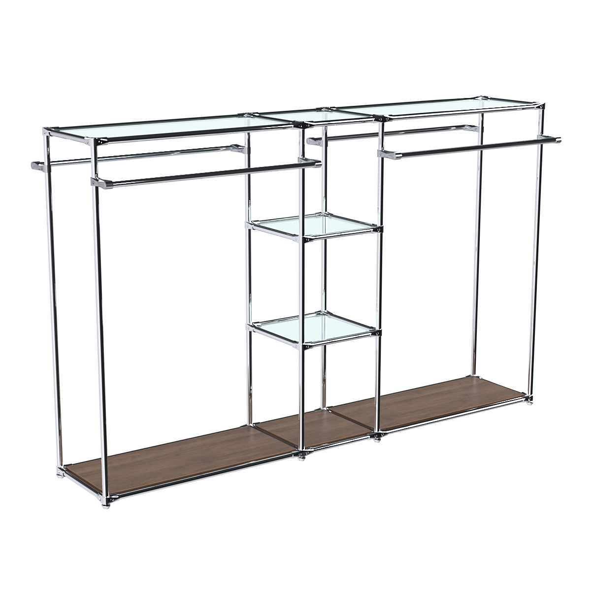 Хромированный стенд-вешало TD-49 №1-1 Хром (с прозрачными полками стекло 6мм) Орех