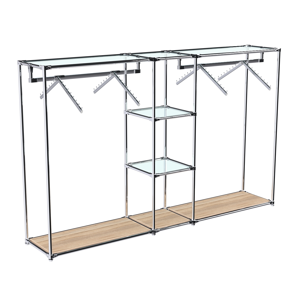 Хромированный стенд-вешало TD-51 №1-1 Хром с прозрачными полками стекло 6мм Дуб Сонома