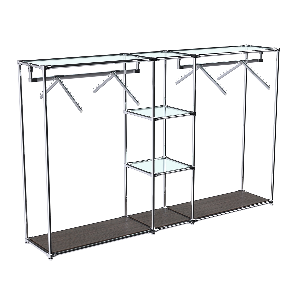 Хромированный стенд-вешало TD-51 №1-1 Хром с прозрачными полками стекло 6мм Дуб Венге