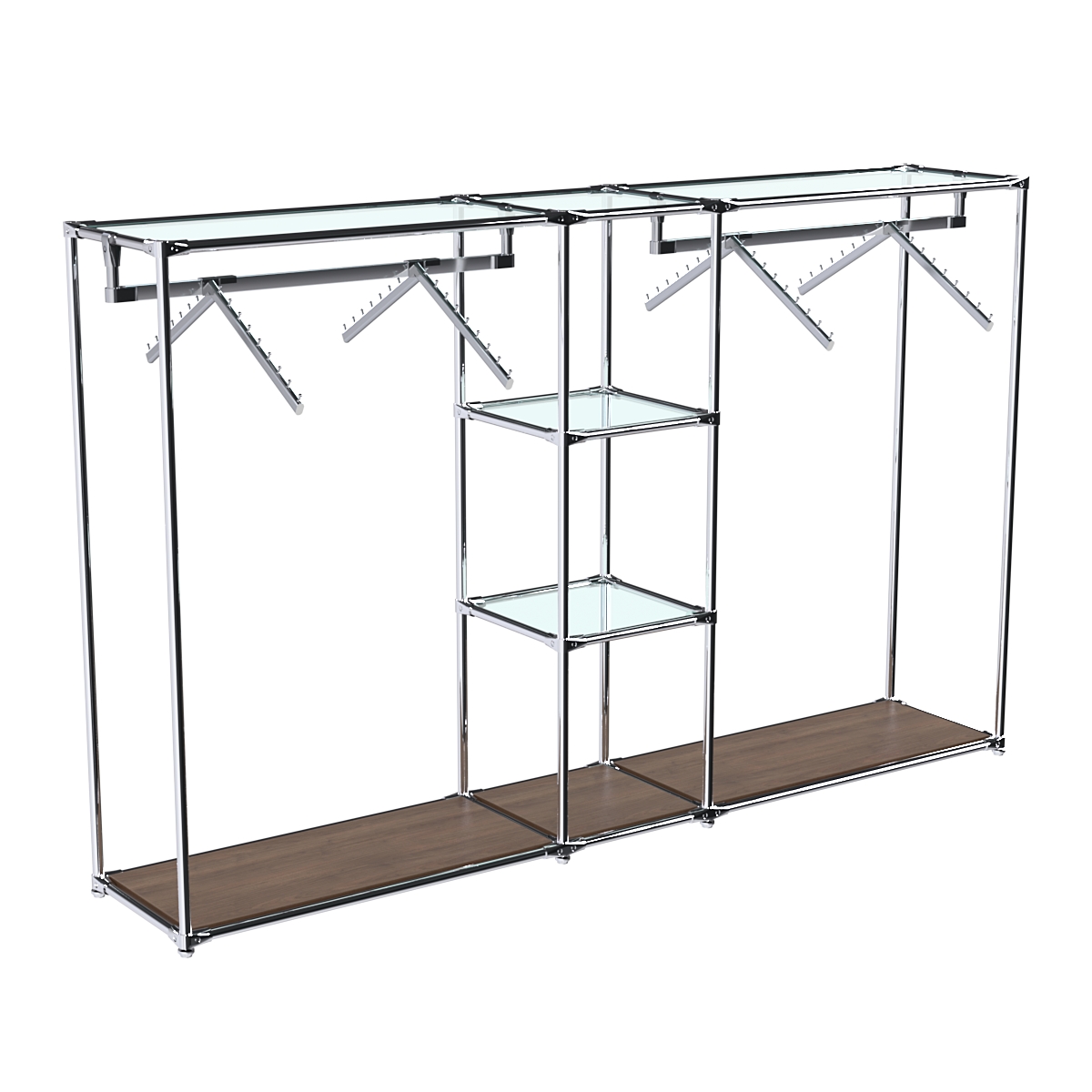 Хромированный стенд-вешало TD-51 №1-1 Хром с прозрачными полками стекло 6мм Орех