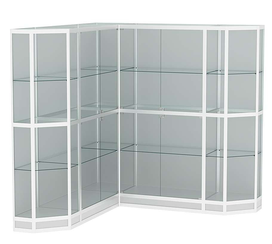 Витрина из профиля в угол зала со скошенными углами №4 (задняя стенка - ДВП) Серый