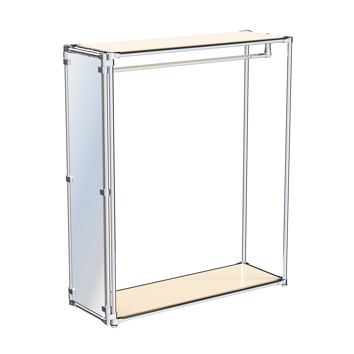 Хромированный обзорный стенд-вешало, торец-зеркало ZTD-11 №1-3 с полками ДСП 16 мм Крем Вайс