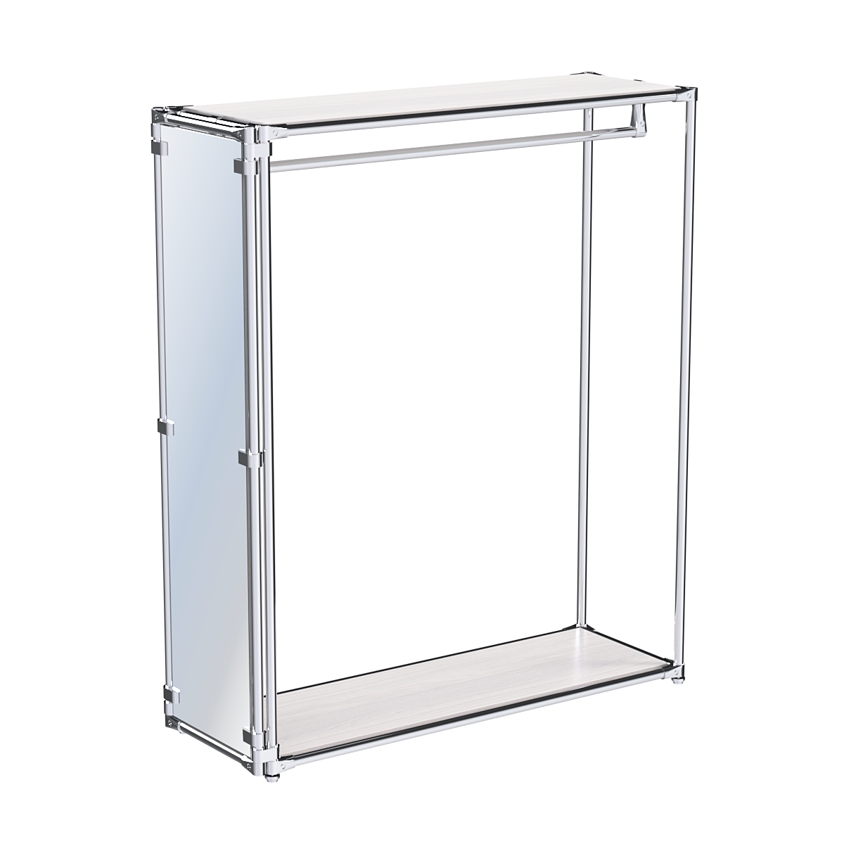 Хромированный обзорный стенд-вешало, торец-зеркало ZTD-11 №1-3 с полками ДСП 16 мм Ясень Анкор светлый