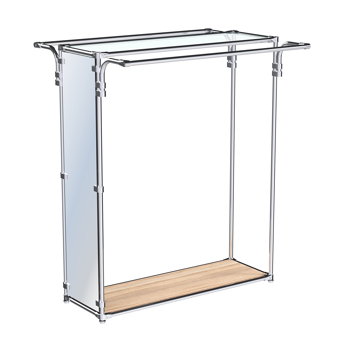 Хромированный стенд-вешало с усиленными поручнями и зеркальным торцом ZTD-11 №1-1 и полкой стекло 6 мм Дуб Сонома