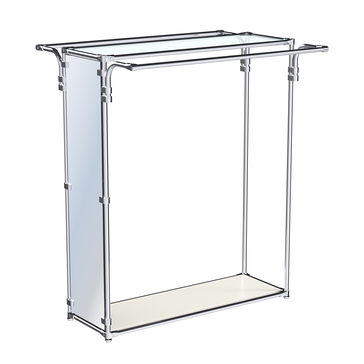 Хромированный стенд-вешало с усиленными поручнями и зеркальным торцом ZTD-11 №1-1 и полкой стекло 6 мм Белый