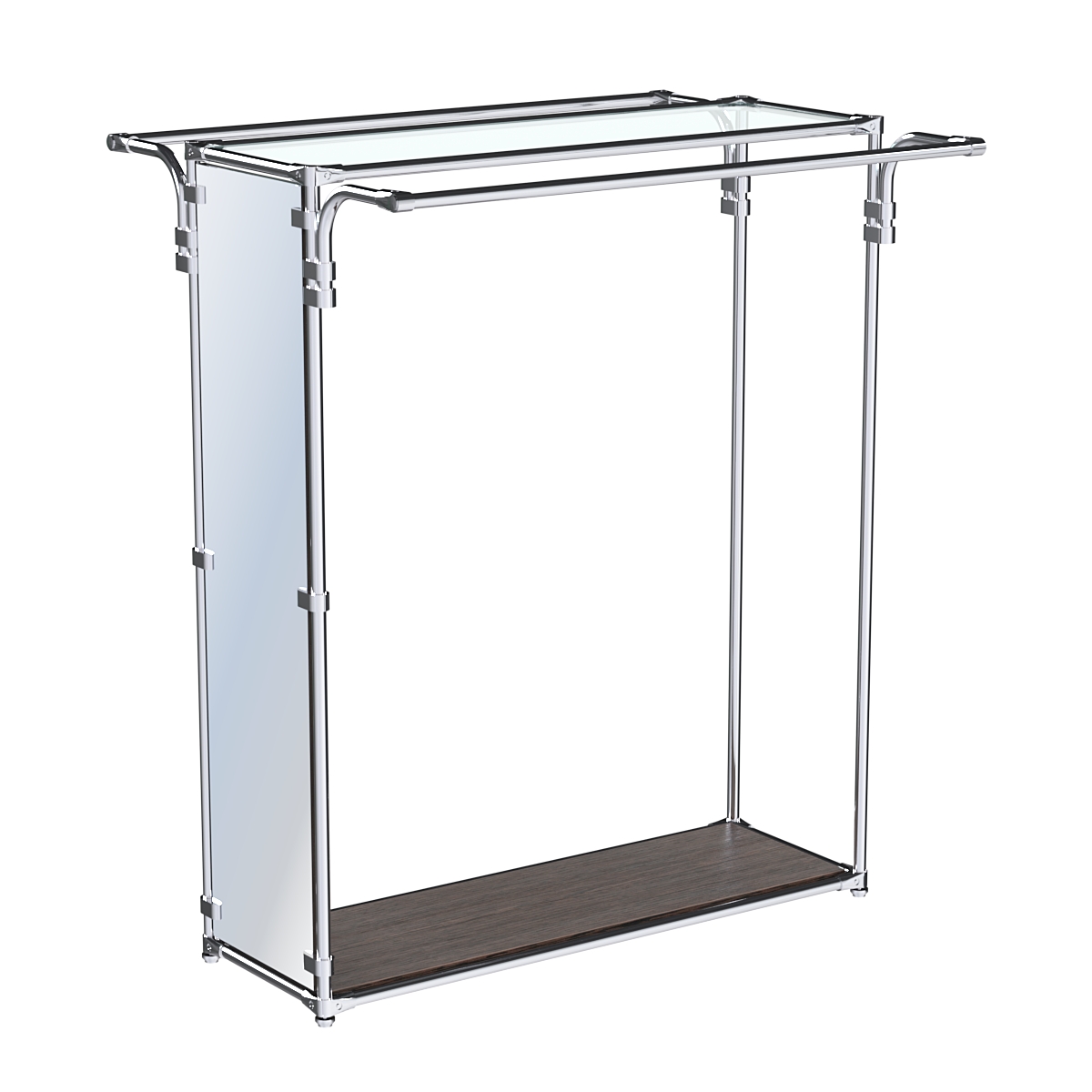 Хромированный стенд-вешало с усиленными поручнями и зеркальным торцом ZTD-11 №1-1 и полкой стекло 6 мм Дуб Венге
