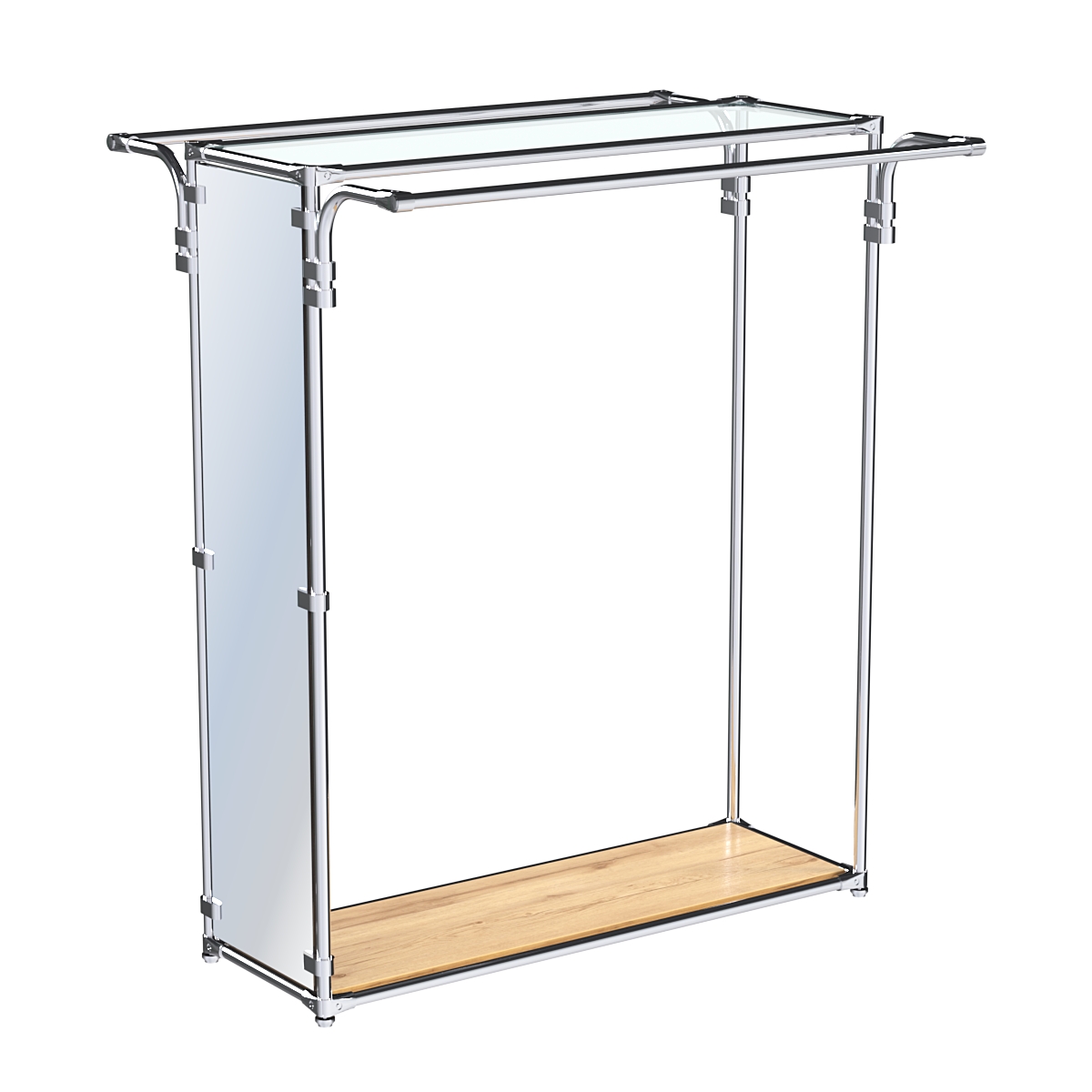 Хромированный стенд-вешало с усиленными поручнями и зеркальным торцом ZTD-11 №1-1 и полкой стекло 6 мм Дуб Золотистый