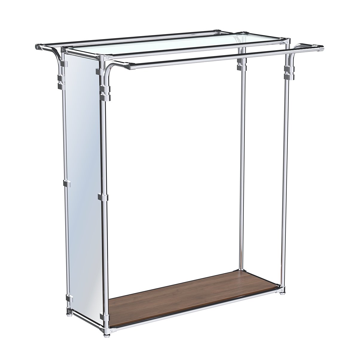 Хромированный стенд-вешало с усиленными поручнями и зеркальным торцом ZTD-11 №1-1 и полкой стекло 6 мм Орех