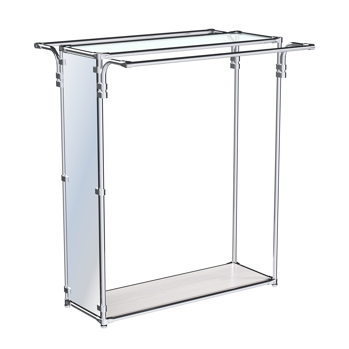 Хромированный стенд-вешало с усиленными поручнями и зеркальным торцом ZTD-11 №1-1 и полкой стекло 6 мм Ясень Анкор светлый