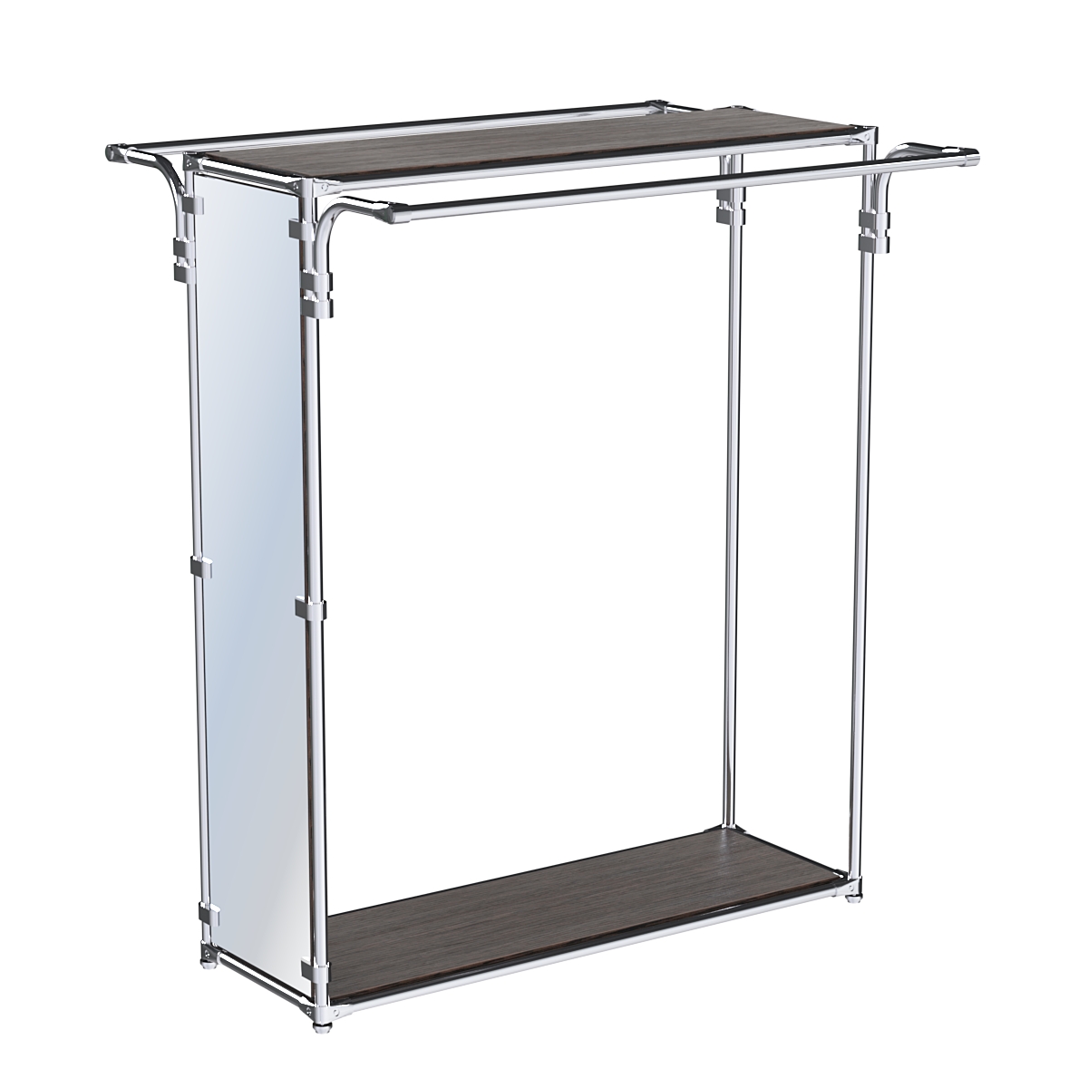 Хромированный глубокий стенд-вешало с усиленными поручнями, торец-зеркало ZTD-11 №1-3, полки ДСП 16 мм Дуб Венге