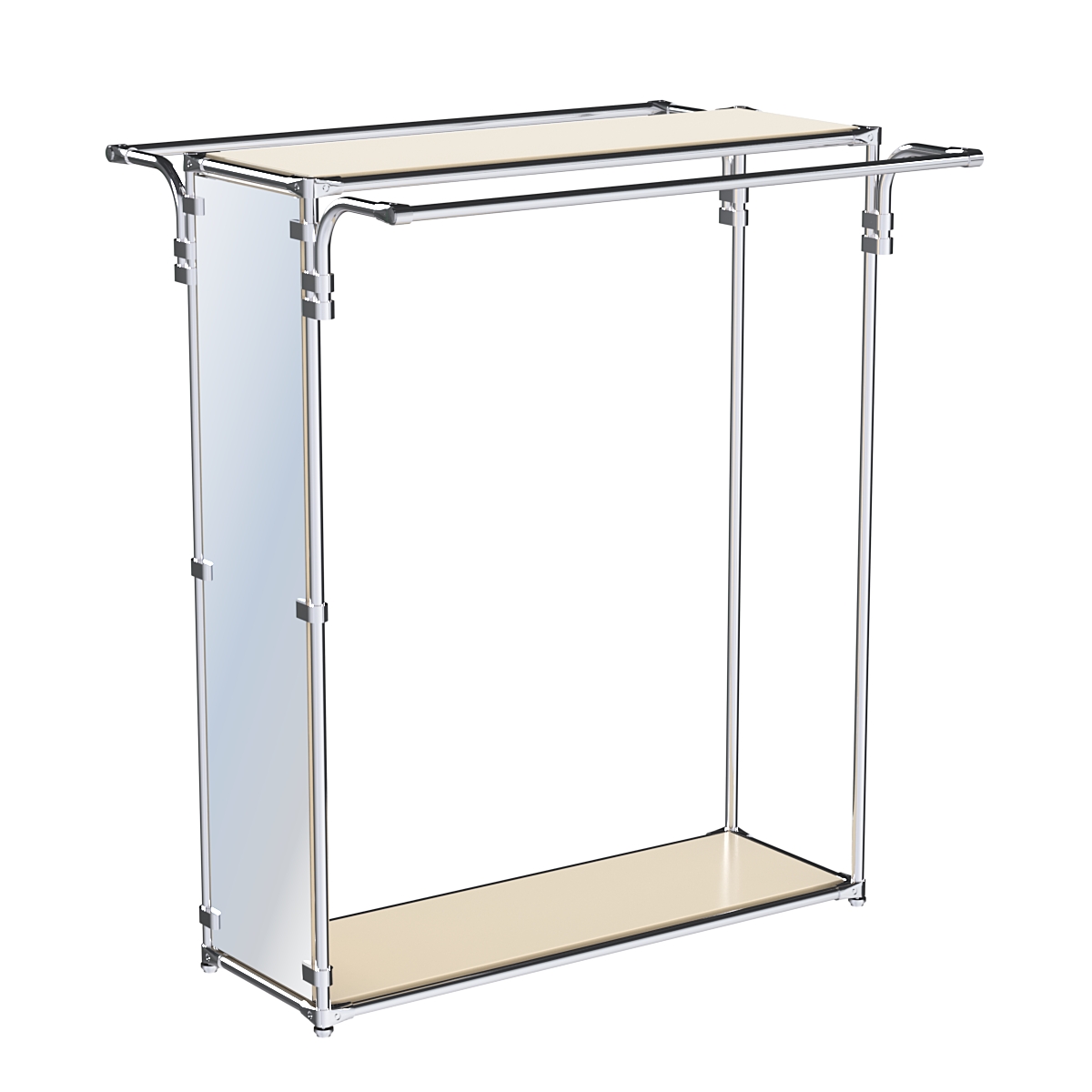 Хромированный глубокий стенд-вешало с усиленными поручнями, торец-зеркало ZTD-11 №1-3, полки ДСП 16 мм Крем Вайс