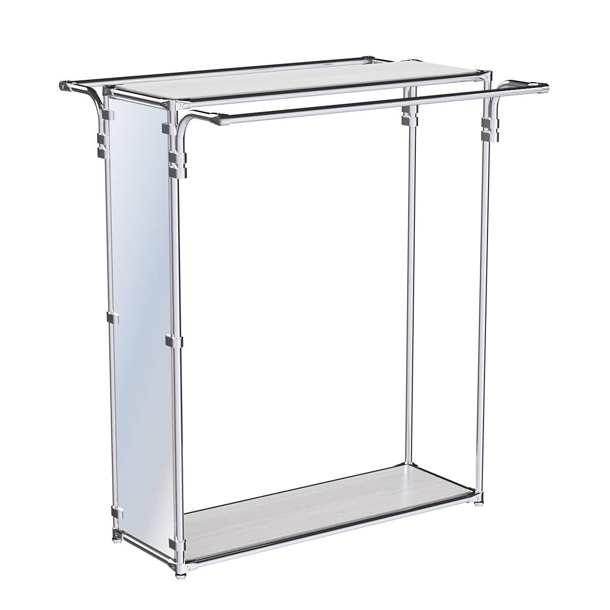 Хромированный глубокий стенд-вешало с усиленными поручнями, торец-зеркало ZTD-11 №1-3, полки ДСП 16 мм Ясень Анкор светлый