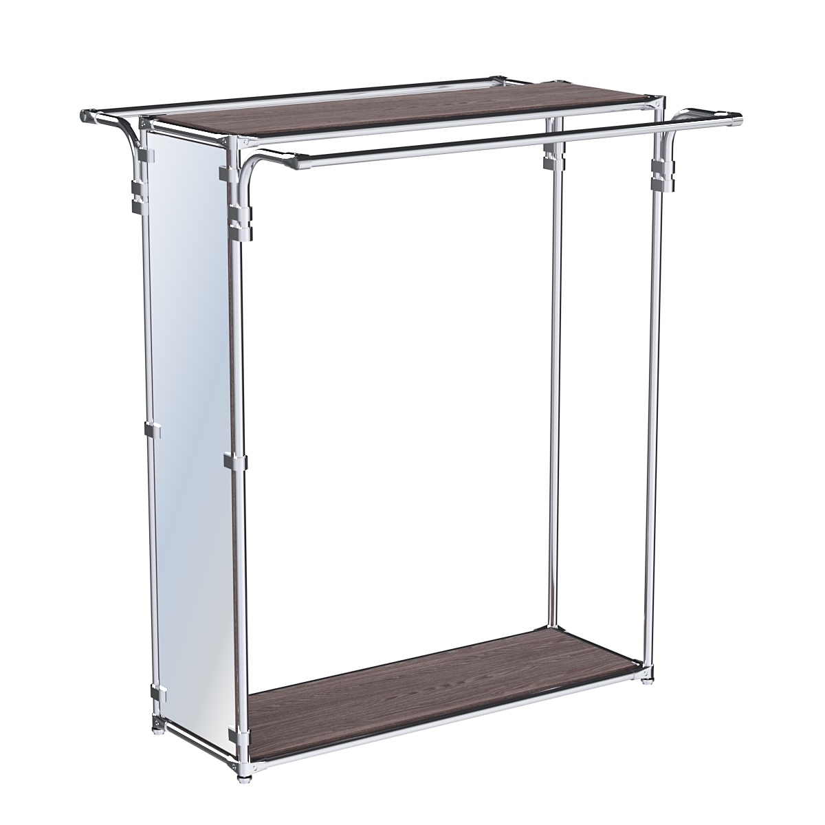 Хромированный глубокий стенд-вешало с усиленными поручнями, торец-зеркало ZTD-11 №1-3, полки ДСП 16 мм Ясень Анкор темный