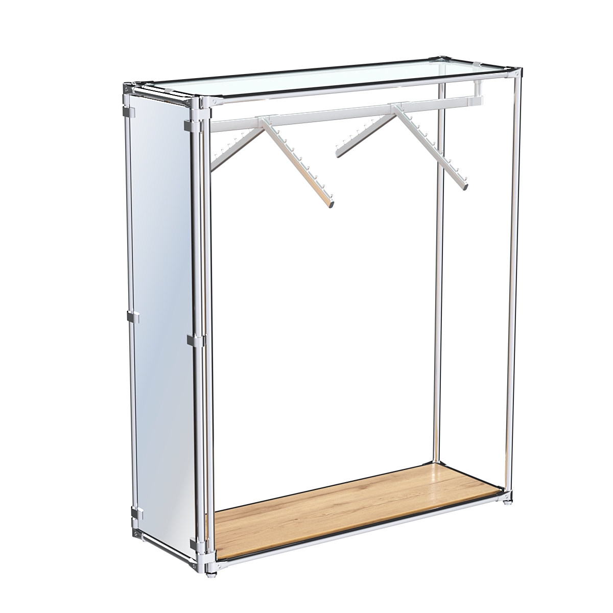 Хромированный стенд-вешало с нижней платформой, торец-зеркало ZTD-12 №1-1 с полкой стекло 6 мм (прозрачное) Дуб Золотистый