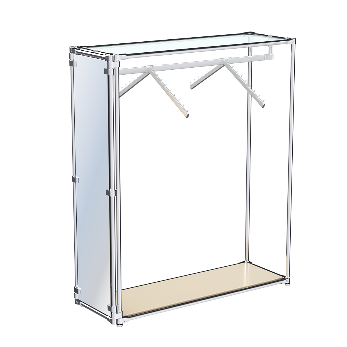 Хромированный стенд-вешало с нижней платформой, торец-зеркало ZTD-12 №1-1 с полкой стекло 6 мм (прозрачное) Крем Вайс