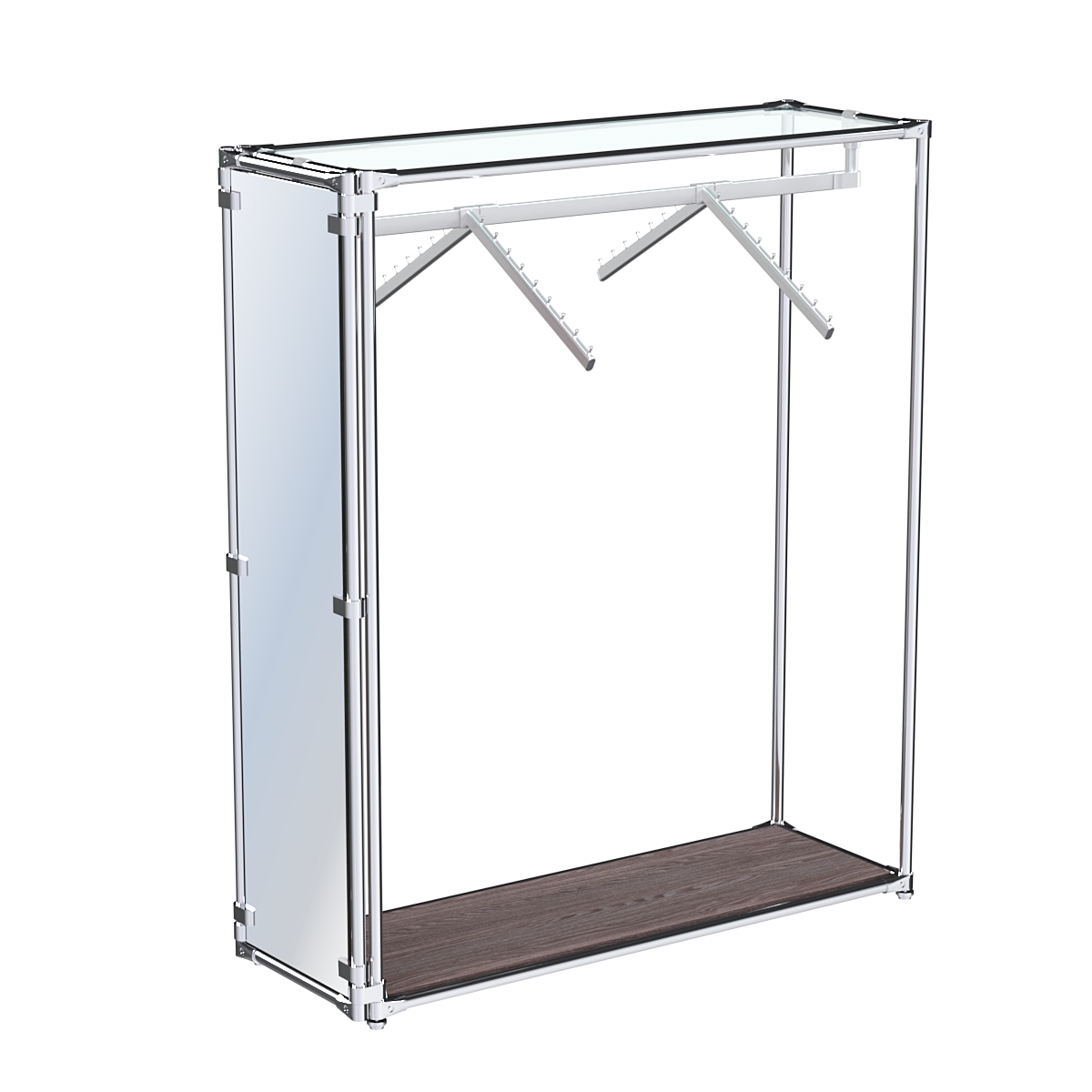Хромированный стенд-вешало с нижней платформой, торец-зеркало ZTD-12 №1-1 с полкой стекло 6 мм (прозрачное) Ясень Анкор темный