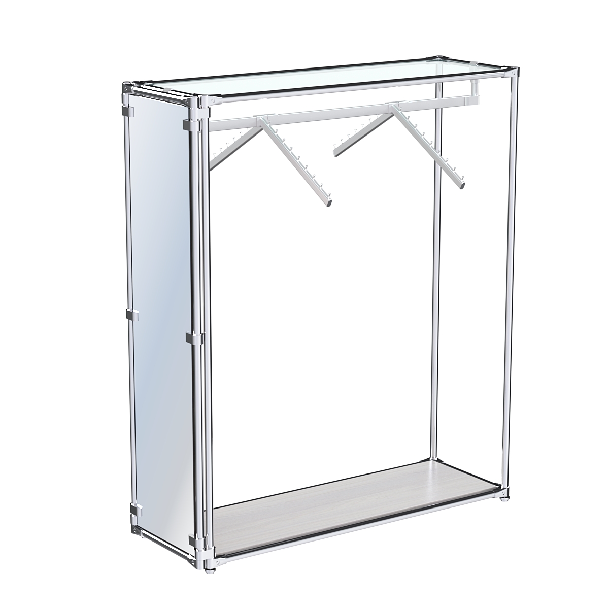 Хромированный стенд-вешало с нижней платформой, торец-зеркало ZTD-12 №1-1 с полкой стекло 6 мм (прозрачное) Ясень Анкор светлый