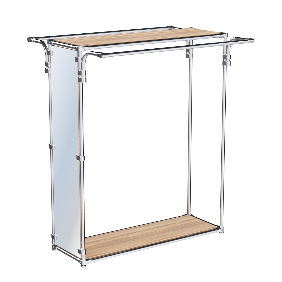 Хромированный торговый стенд торец-зеркало ZTD-38 №1-3 с полками ДСП 16 мм Дуб Сонома