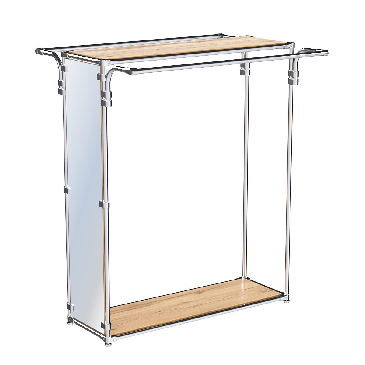 Хромированный торговый стенд торец-зеркало ZTD-38 №1-3 с полками ДСП 16 мм Дуб Золотистый