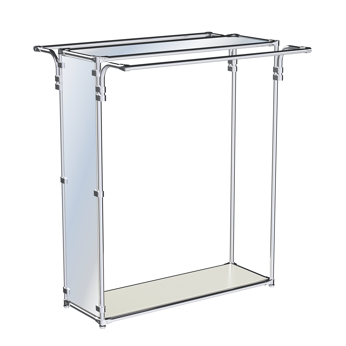 Хромированный прямоугольный стенд-вешало, торец-зеркало ZTD-38 №1-4 с полкой Зеркало 4 мм Белый