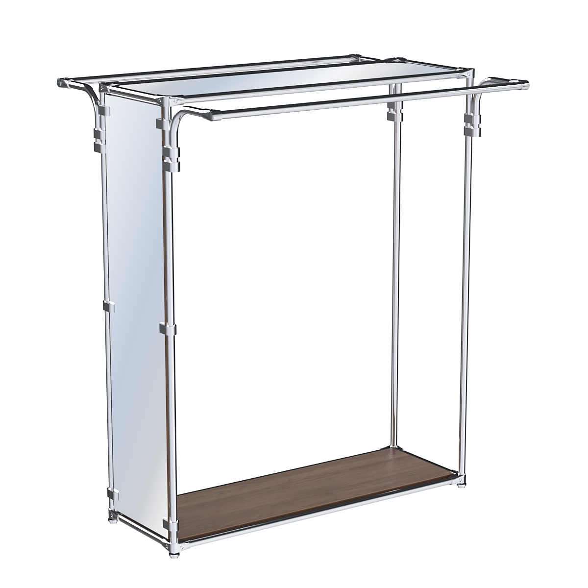 Хромированный прямоугольный стенд-вешало, торец-зеркало ZTD-38 №1-4 с полкой Зеркало 4 мм Орех