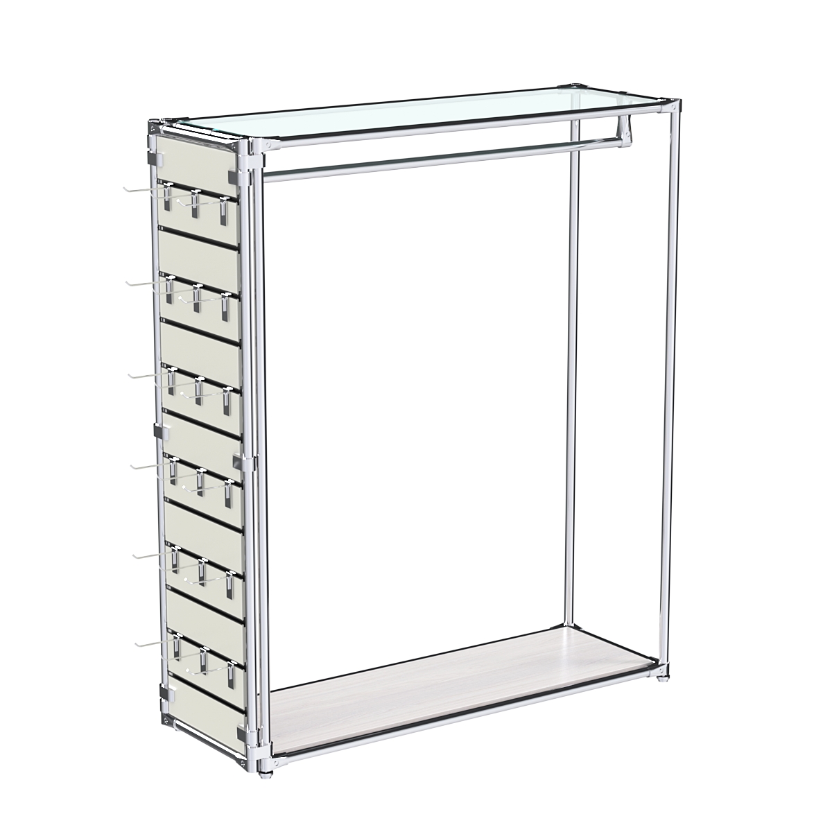 Хромированный стенд-вешало ETD-10 №1-1 (торец-ЭП) с полкой стекло 6мм (прозрачное) Ясень Анкор светлый