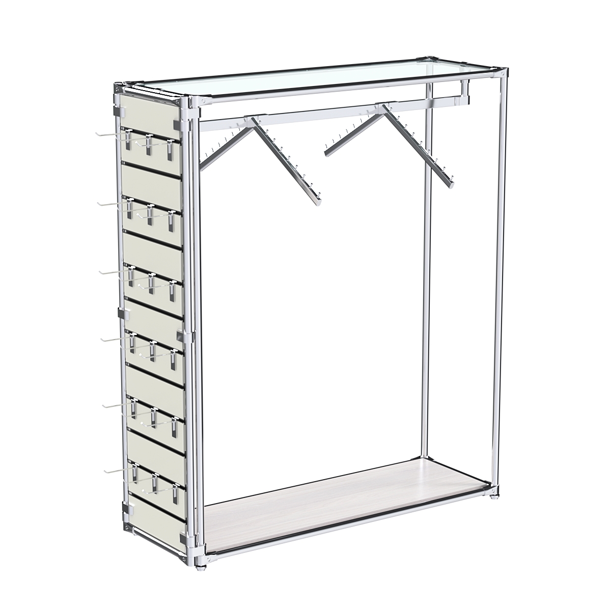 Хромированный стенд-вешало ETD-12 №1-1 (торец-ЭП) с полкой стекло 6мм (прозрачное) Ясень Анкор светлый
