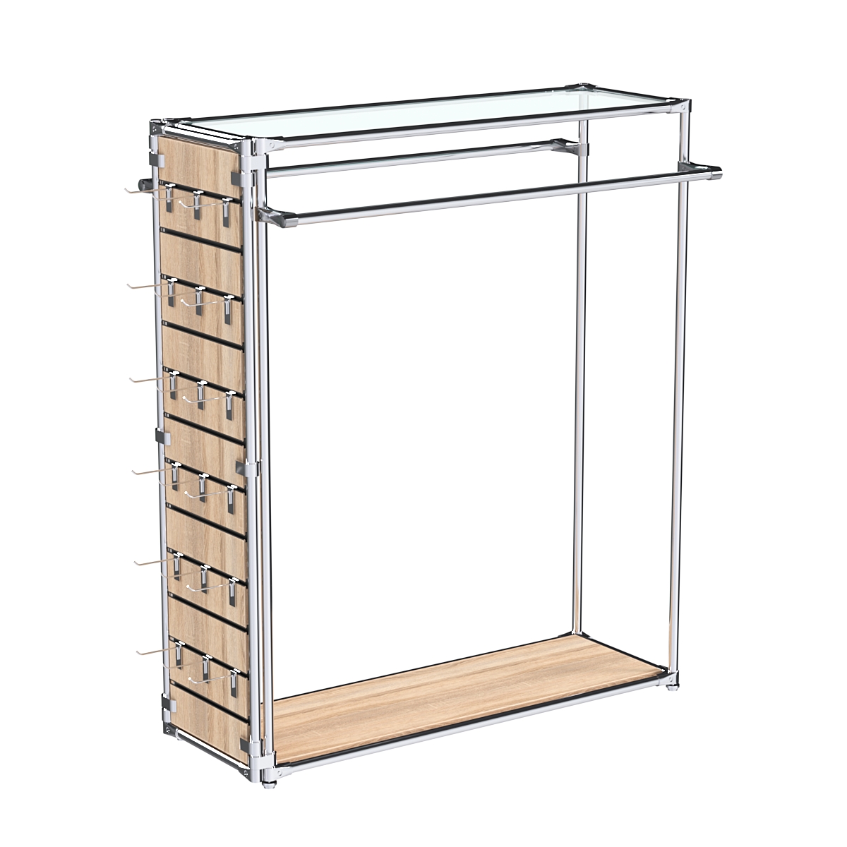 Хромированный стенд-вешало ETD-38 №1-1 (торец-ЭП) с полкой стекло 6мм (прозрачное) Дуб Сонома