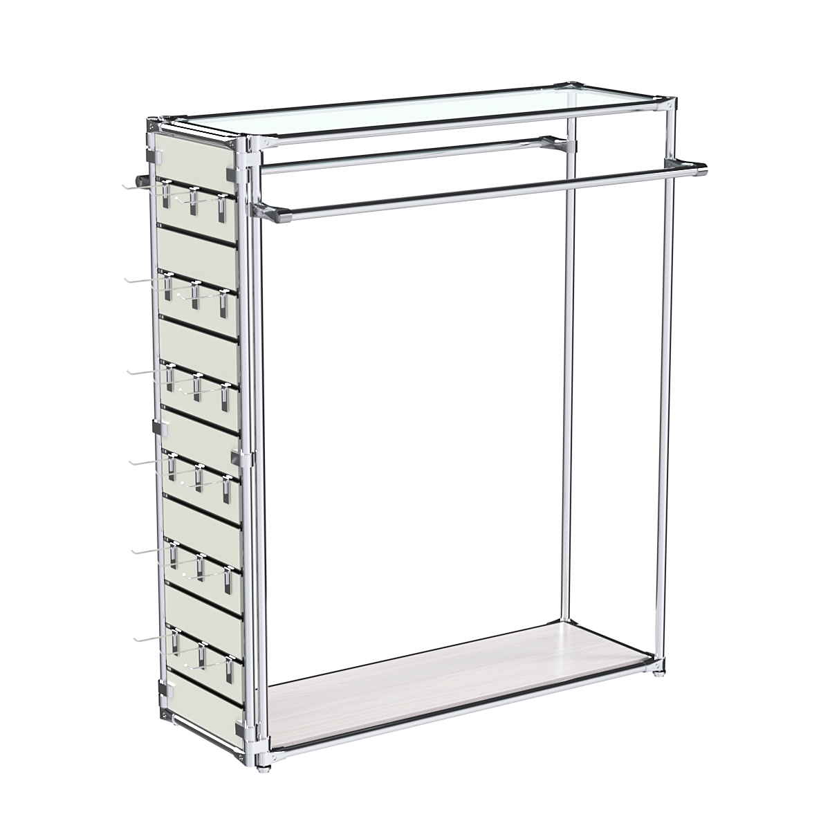 Хромированный стенд-вешало ETD-38 №1-1 (торец-ЭП) с полкой стекло 6мм (прозрачное) Ясень Анкор светлый