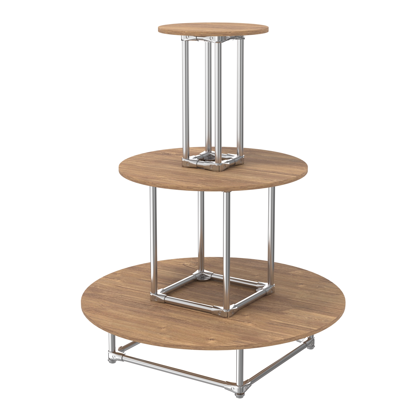 Торговый хромированный остров ПИРАМИДА №4 (полки ДСП 16мм) Дуб Канзас коричневый