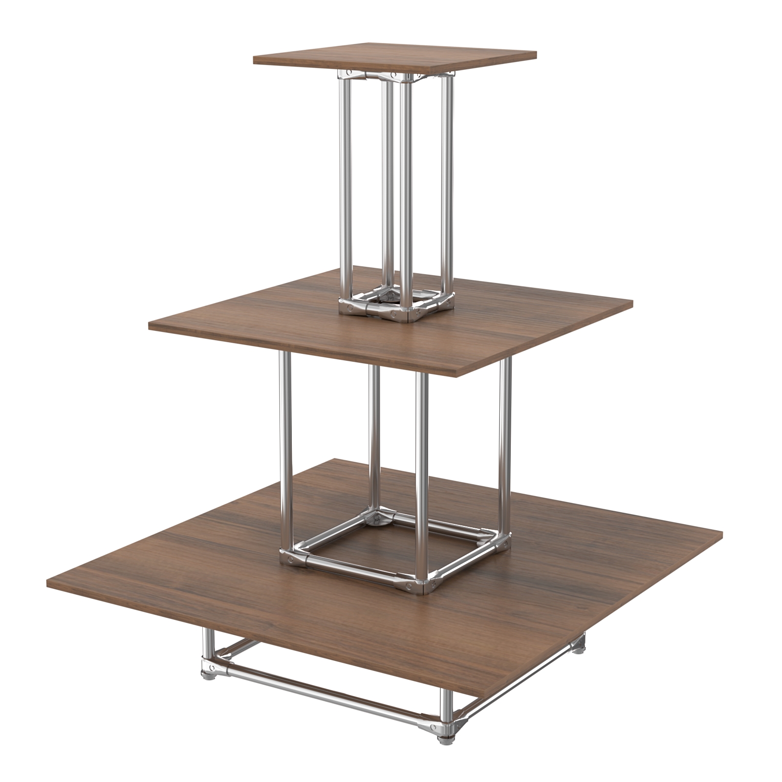 Торговый хромированный остров ПИРАМИДА №1 (полки ДСП 16мм) Орех