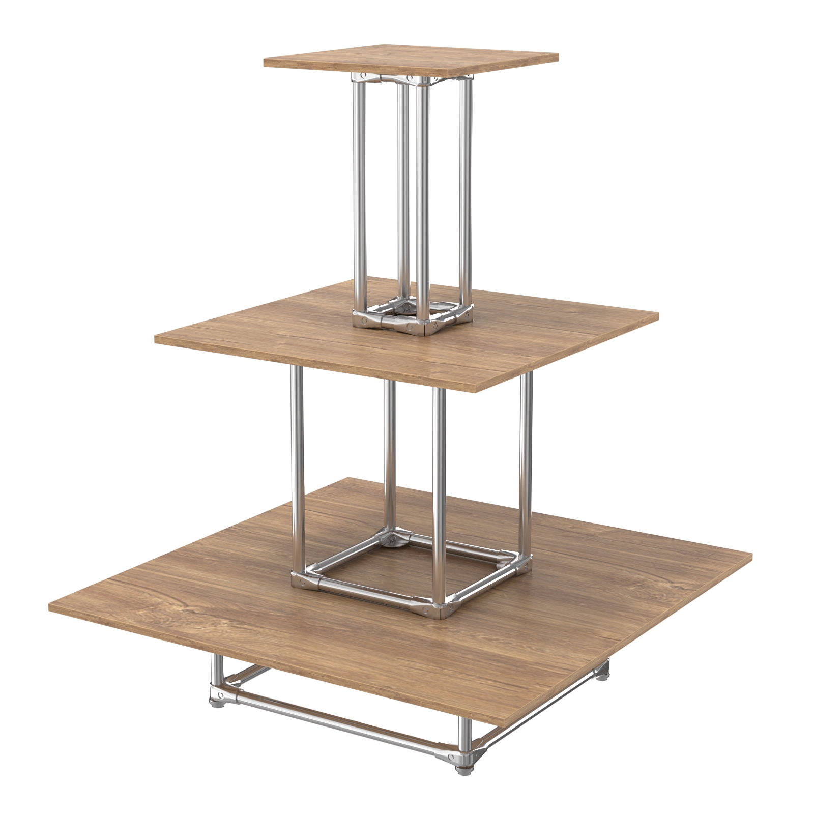 Торговый хромированный остров ПИРАМИДА №1 (полки ДСП 16мм) Дуб Канзас коричневый