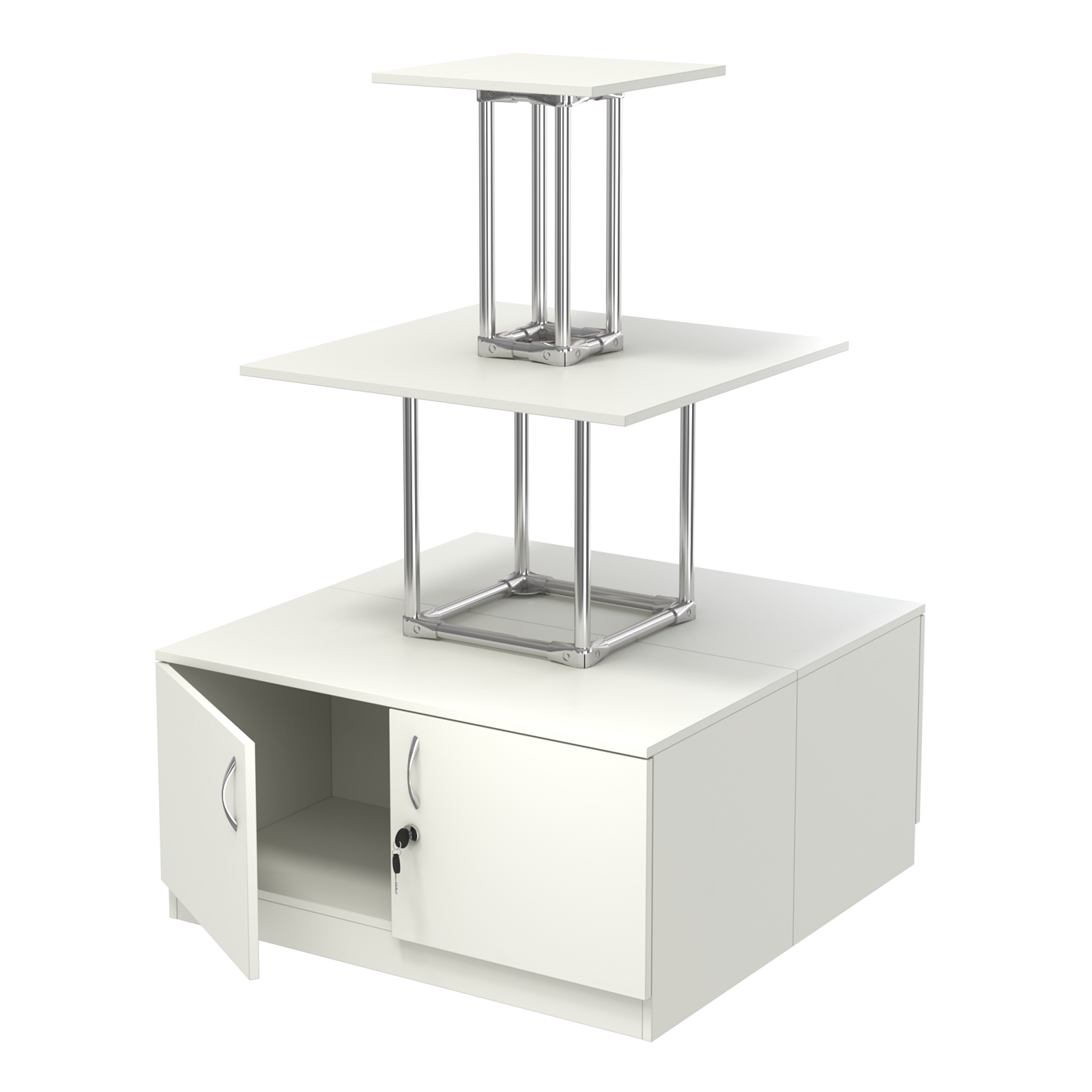 Торговый хромированный остров с тумбами ПИРАМИДА №1 (полки ДСП 16мм) Белый
