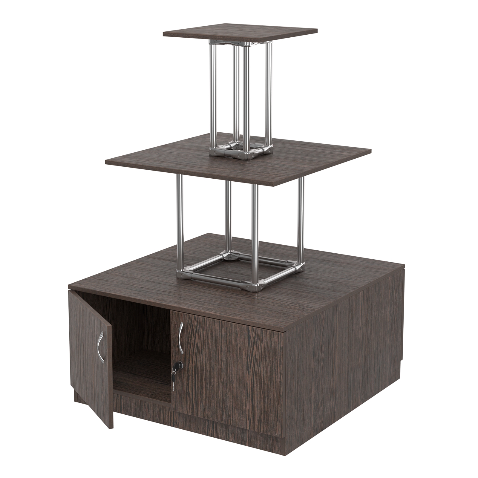 Торговый хромированный остров с тумбами ПИРАМИДА №1 (полки ДСП 16мм) Дуб Венге