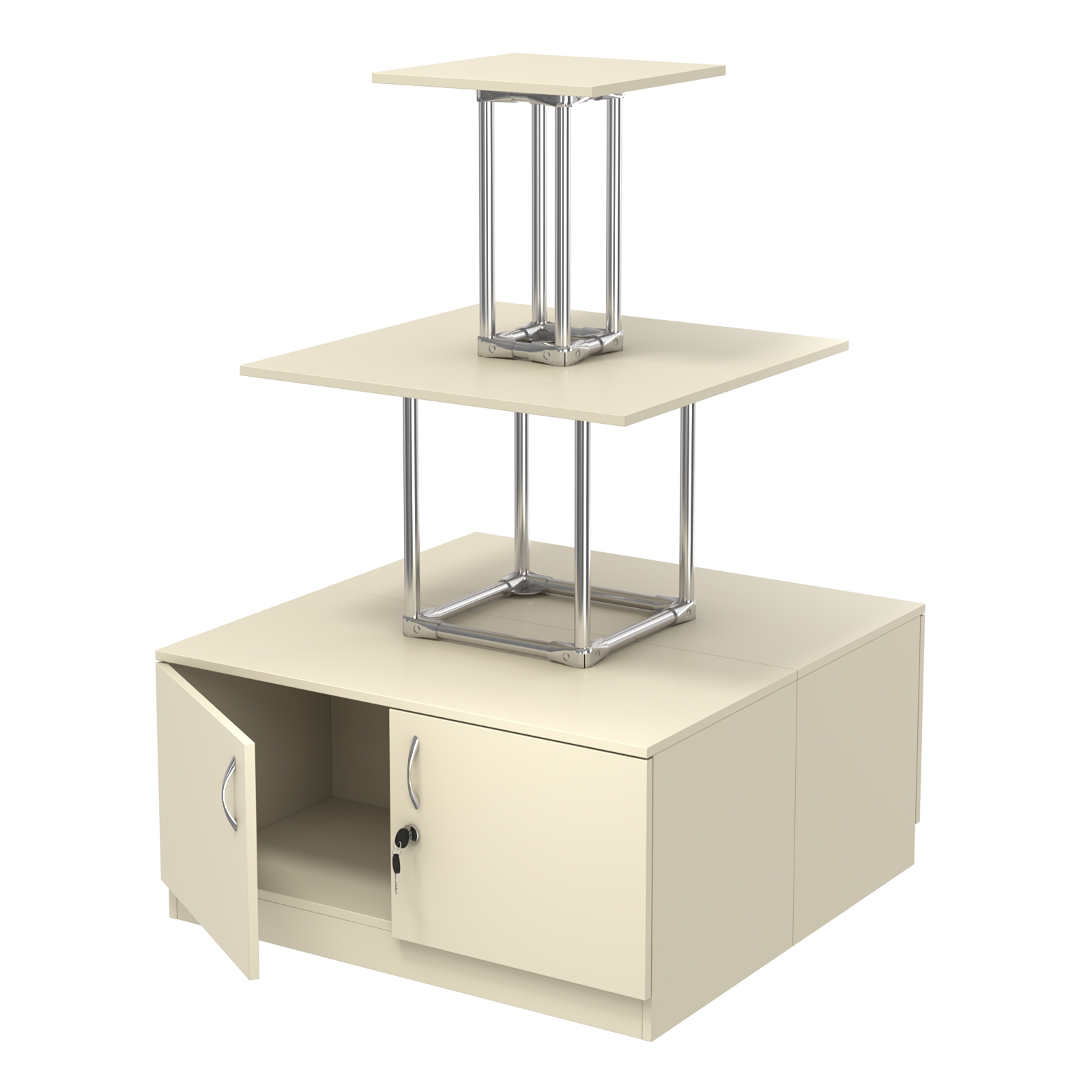 Торговый хромированный остров с тумбами ПИРАМИДА №1 (полки ДСП 16мм) Крем Вайс