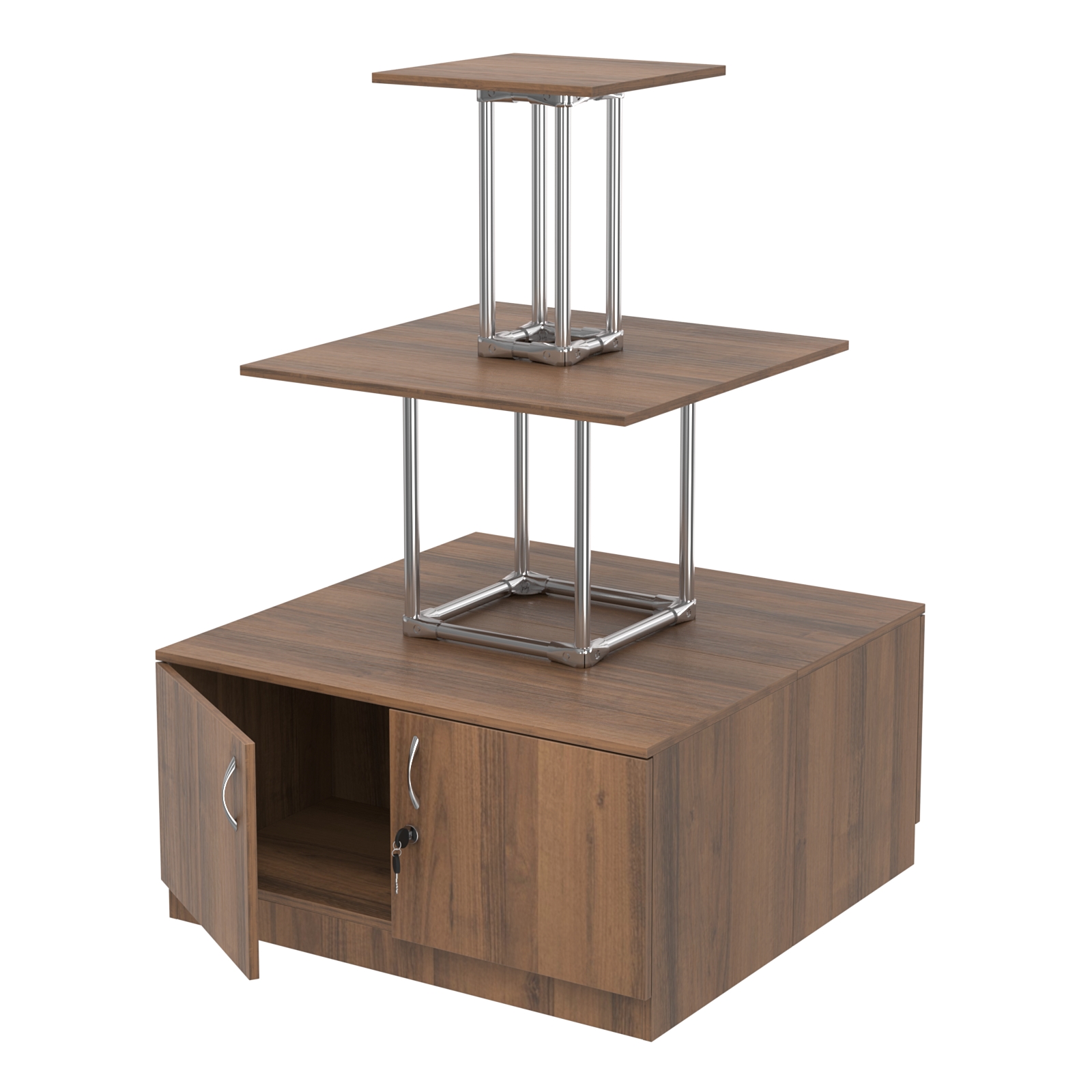 Торговый хромированный остров с тумбами ПИРАМИДА №1 (полки ДСП 16мм) Орех