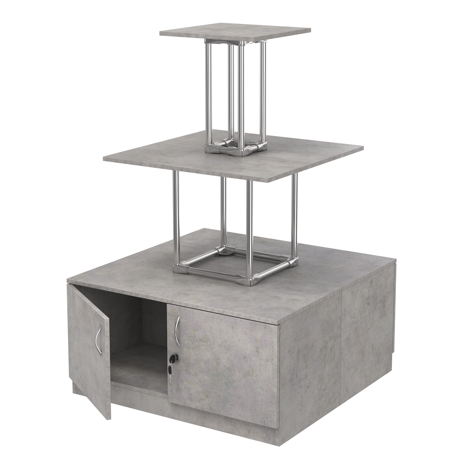 Торговый хромированный остров с тумбами ПИРАМИДА №1 (полки ДСП 16мм) Бетон Чикаго светло-серый F186 ST9