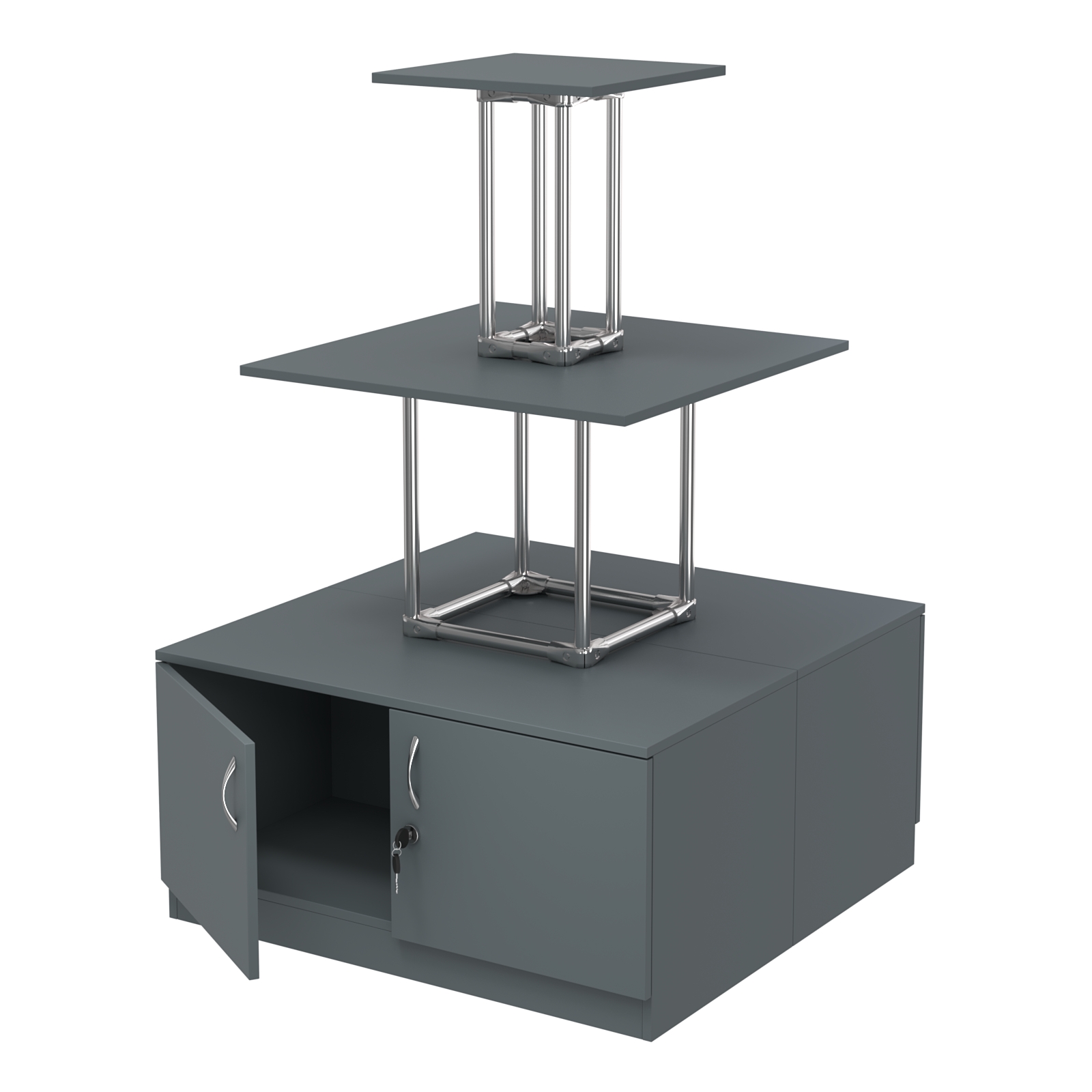 Торговый хромированный остров с тумбами ПИРАМИДА №1 (полки ДСП 16мм) Темно-Серый