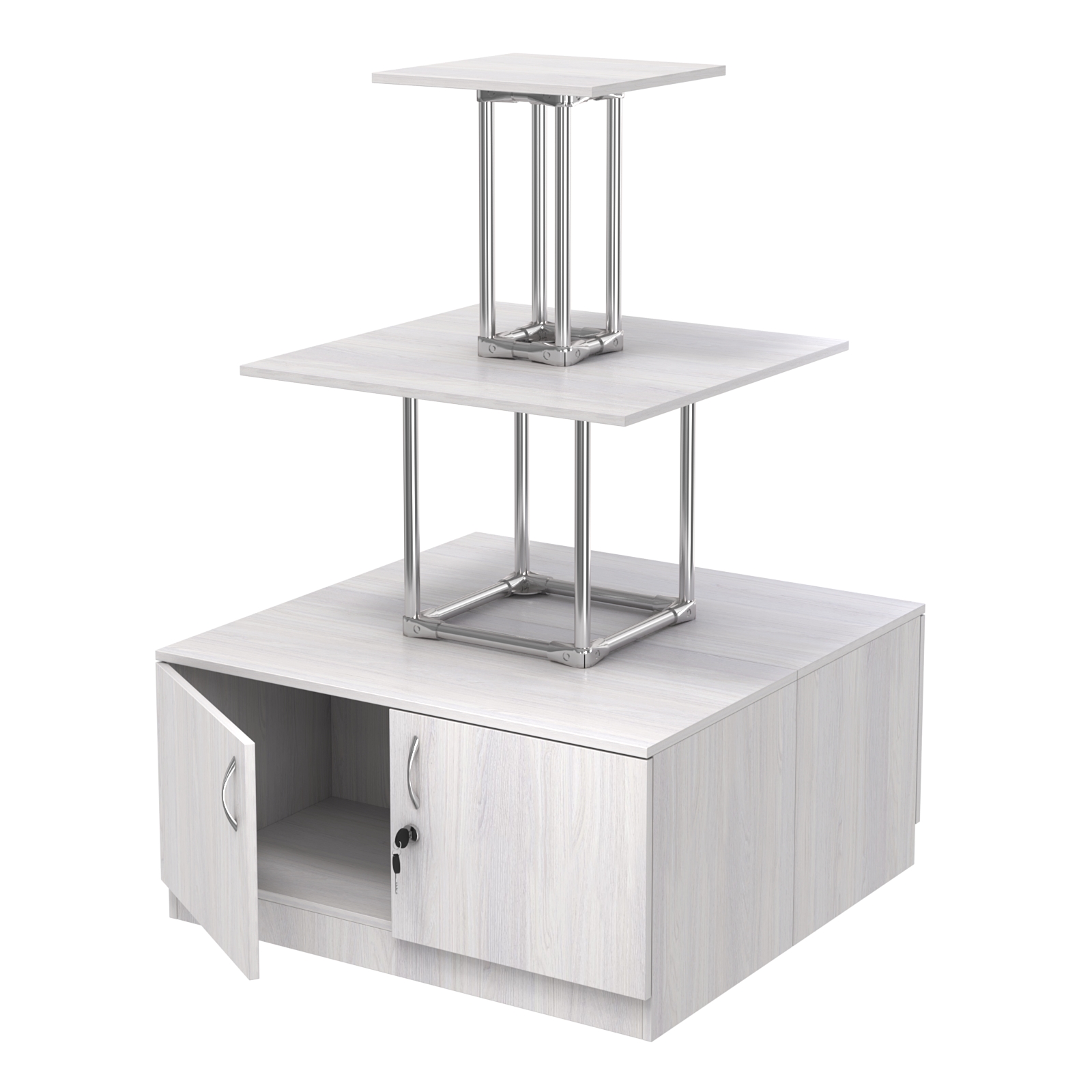 Торговый хромированный остров с тумбами ПИРАМИДА №1 (полки ДСП 16мм) Ясень Анкор светлый