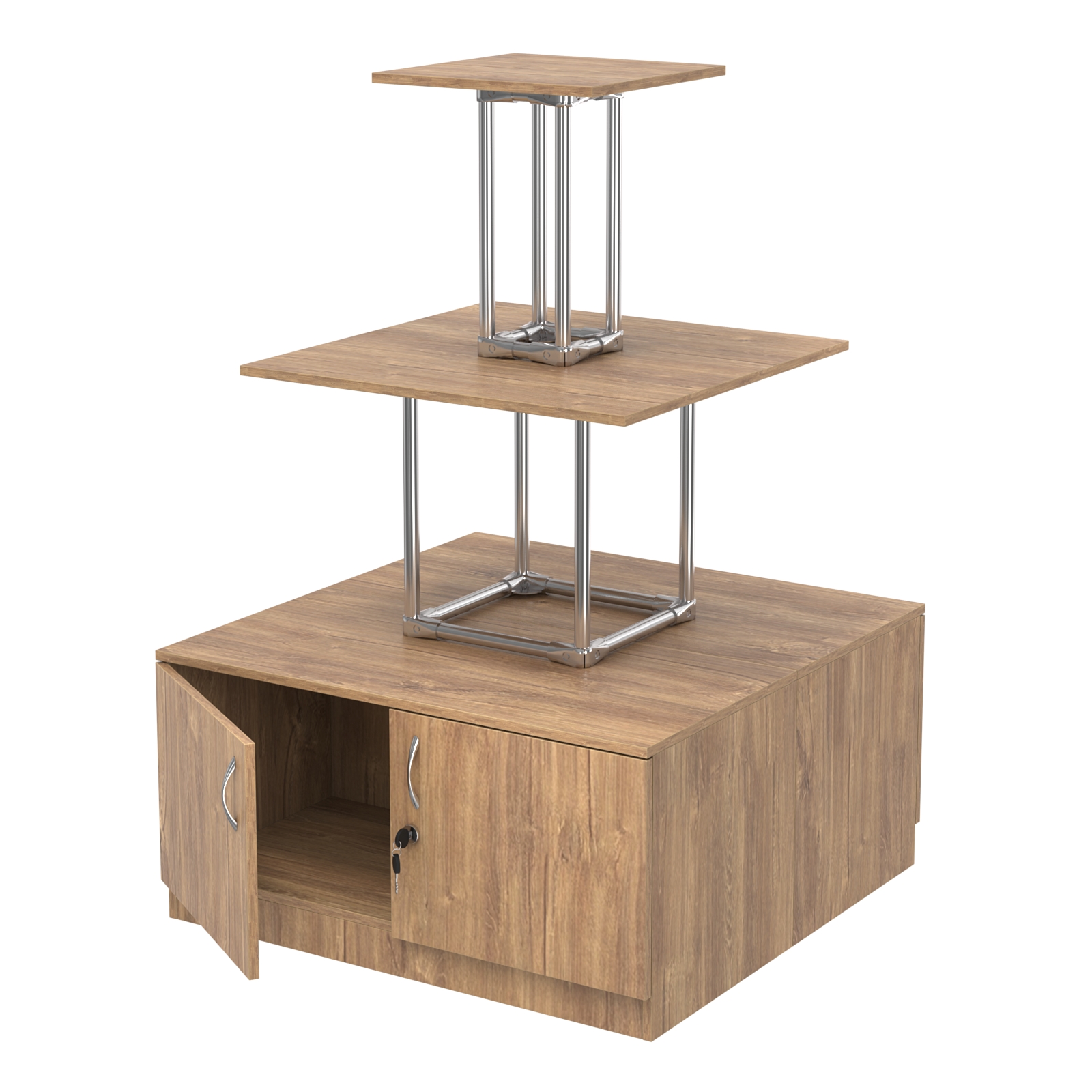 Торговый хромированный остров с тумбами ПИРАМИДА №1 (полки ДСП 16мм) Дуб Канзас коричневый