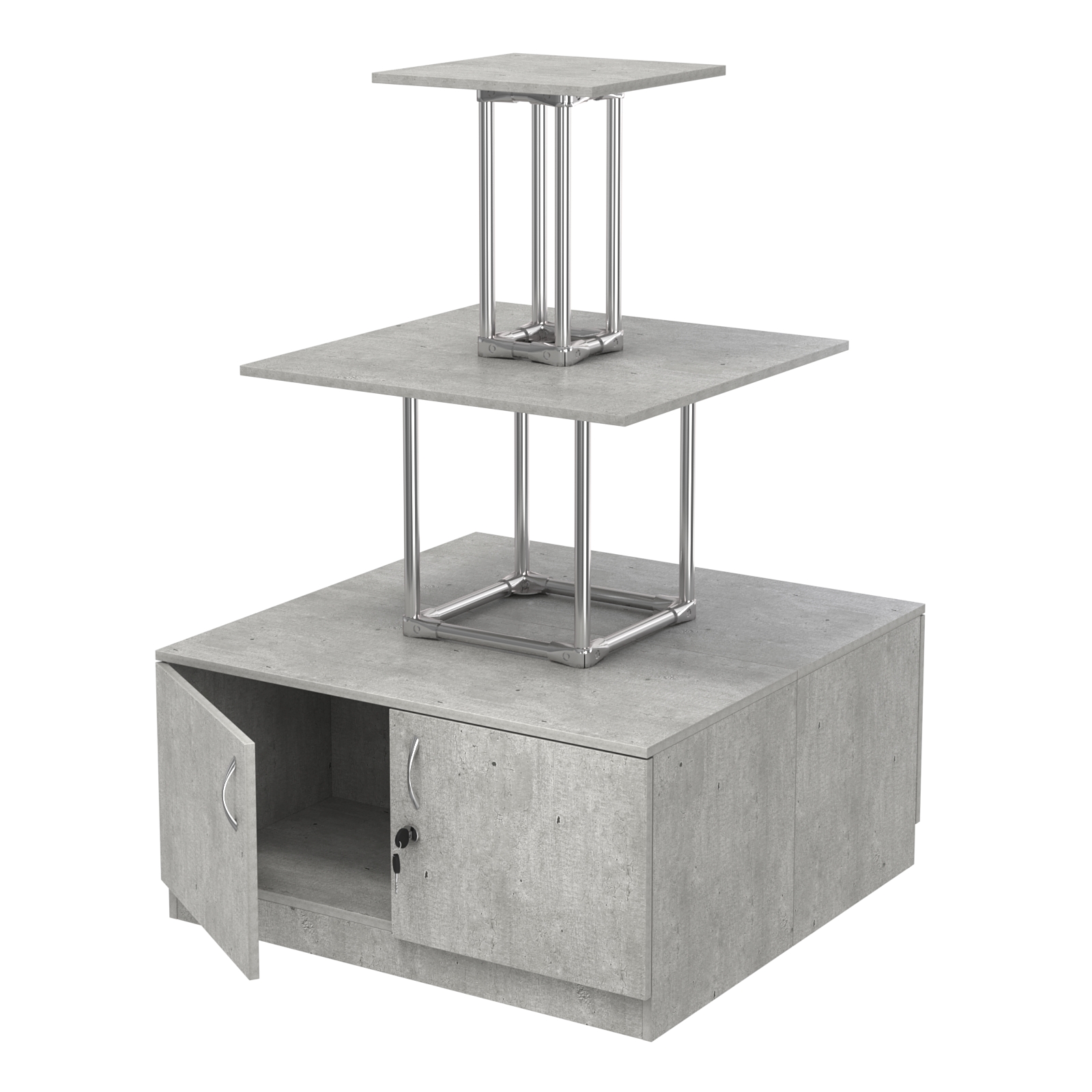 Торговый хромированный остров с тумбами ПИРАМИДА №1 (полки ДСП 16мм) Метрополитан Грей