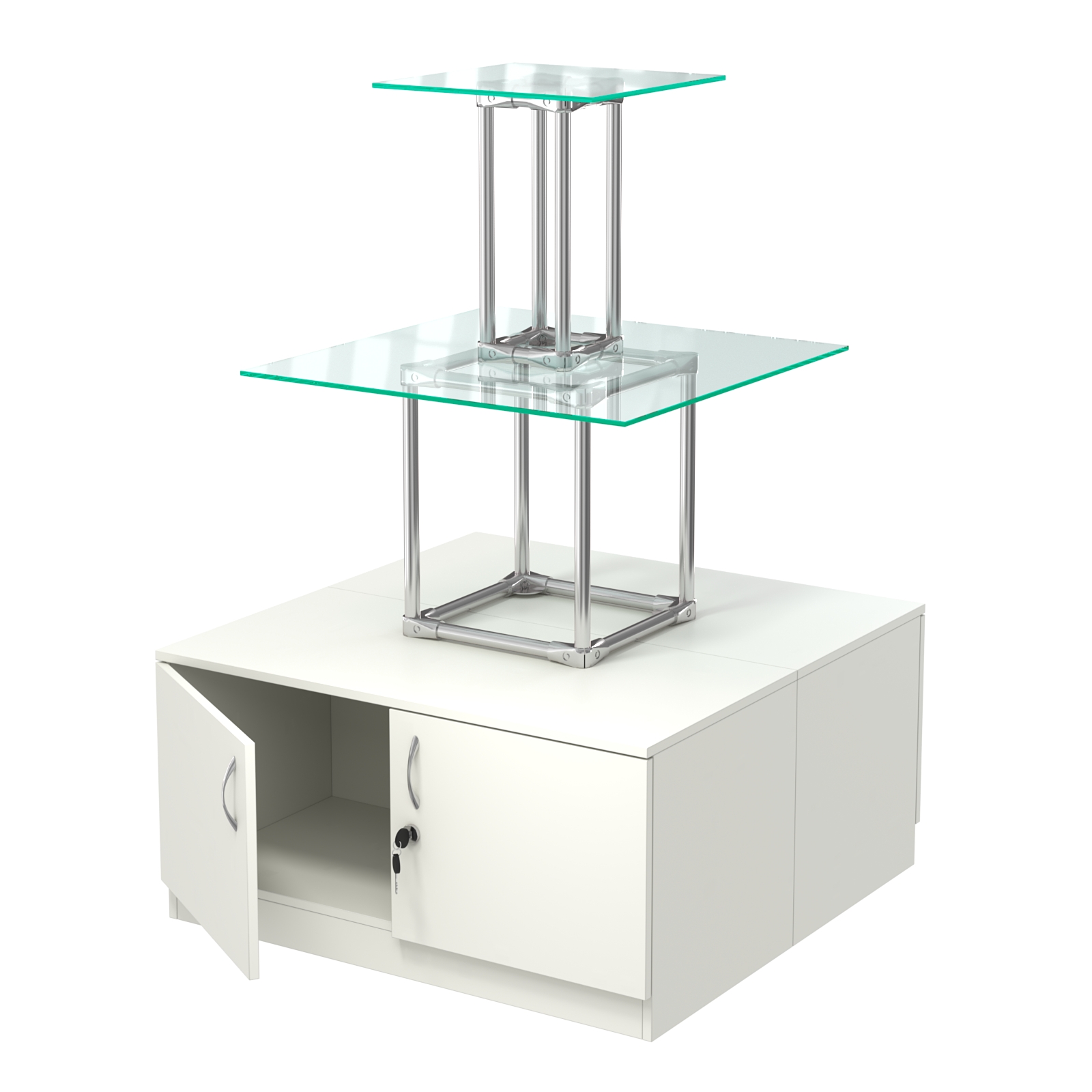 Торговый хромированный остров с тумбами ПИРАМИДА №2 (полки стекло 8мм прозрачное) Белый