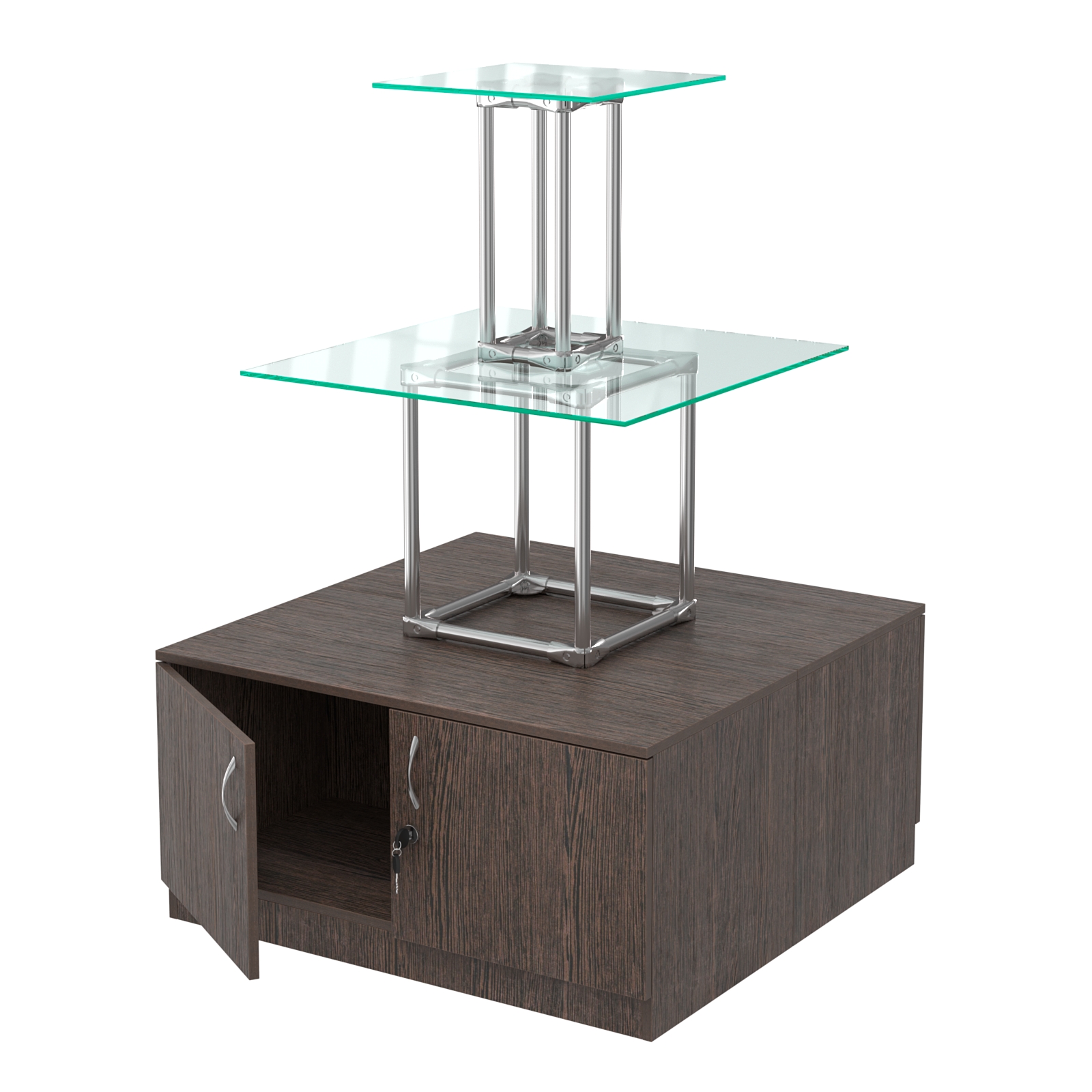 Торговый хромированный остров с тумбами ПИРАМИДА №2 (полки стекло 8мм прозрачное) Дуб Венге