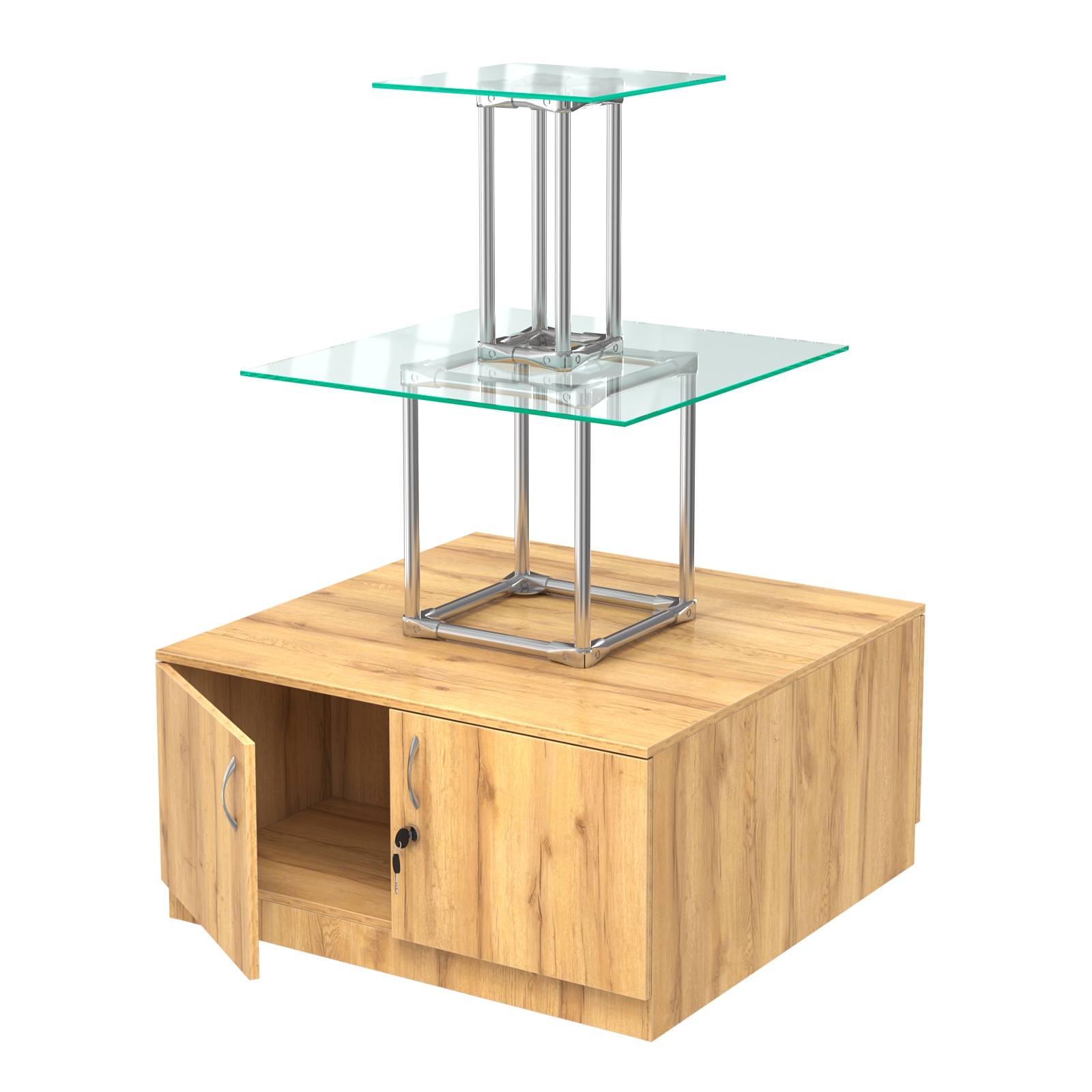 Торговый хромированный остров с тумбами ПИРАМИДА №2 (полки стекло 8мм прозрачное) Дуб Золотистый