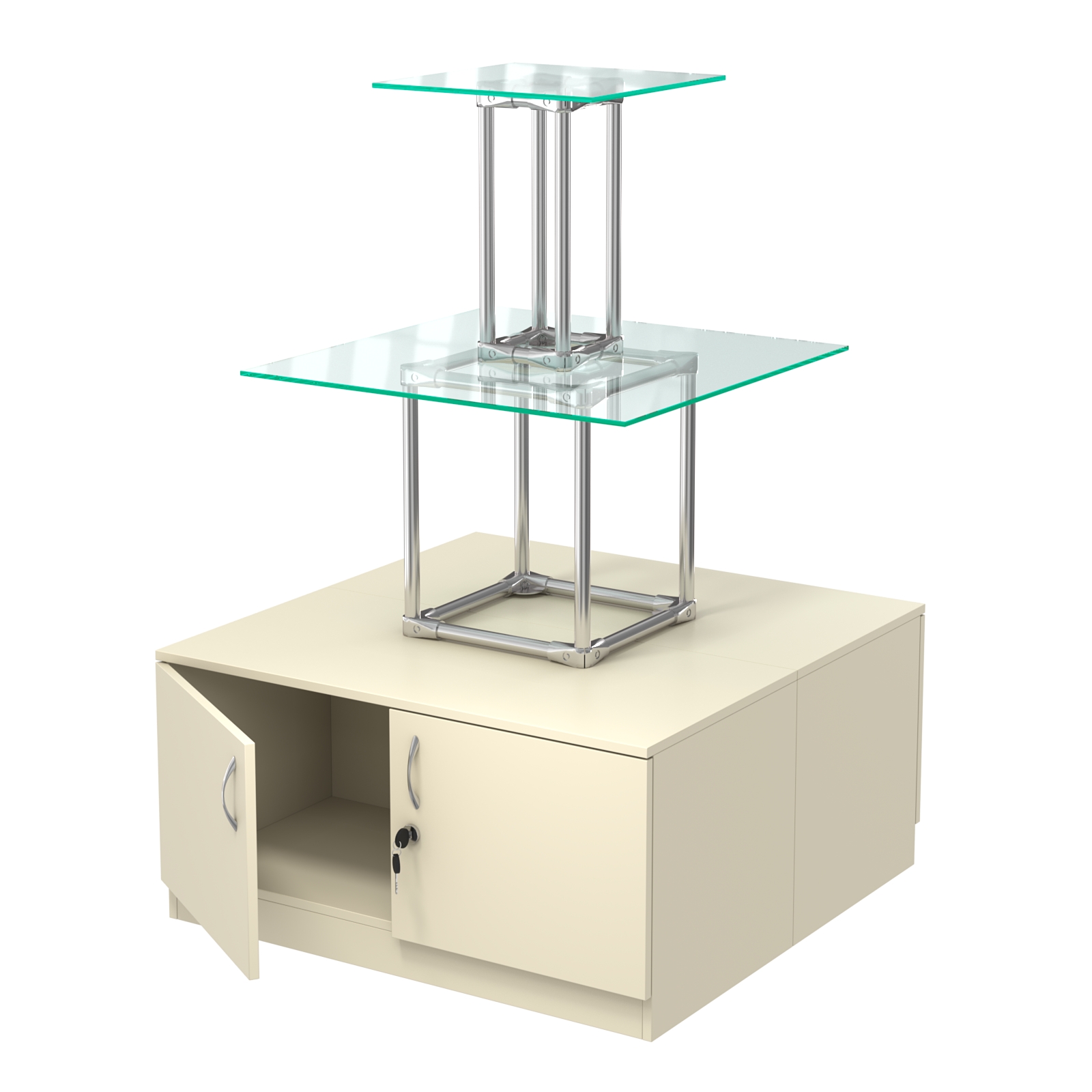 Торговый хромированный остров с тумбами ПИРАМИДА №2 (полки стекло 8мм прозрачное) Крем Вайс